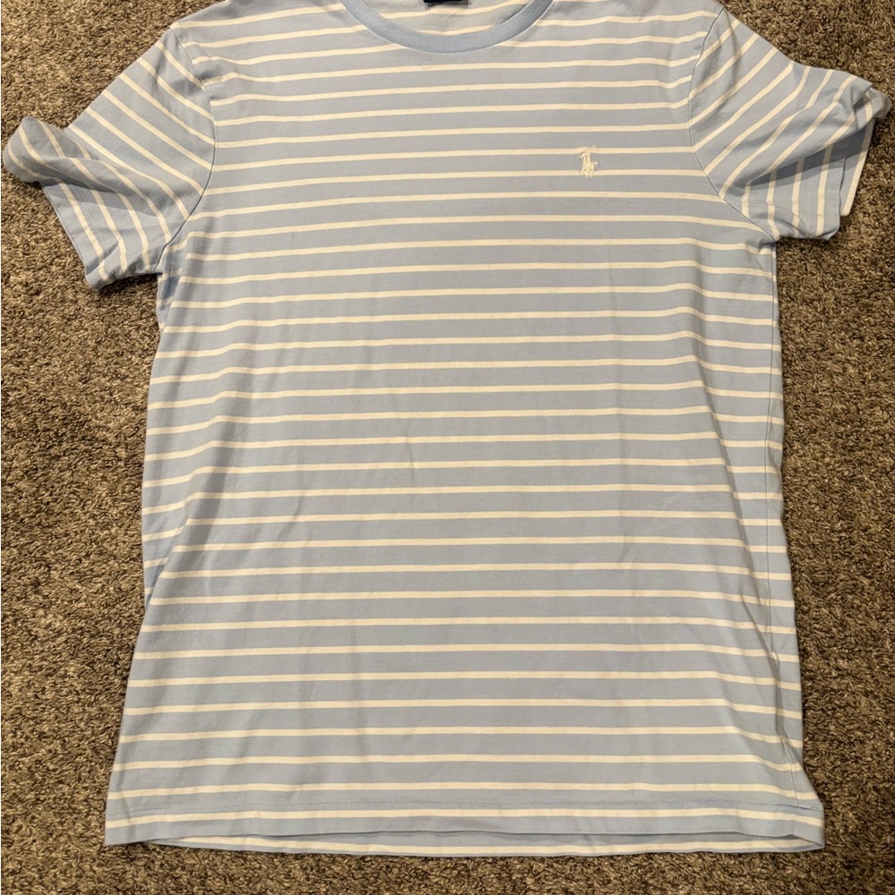 Polo by Ralph Lauren Men's Light Blue and White Striped Tee